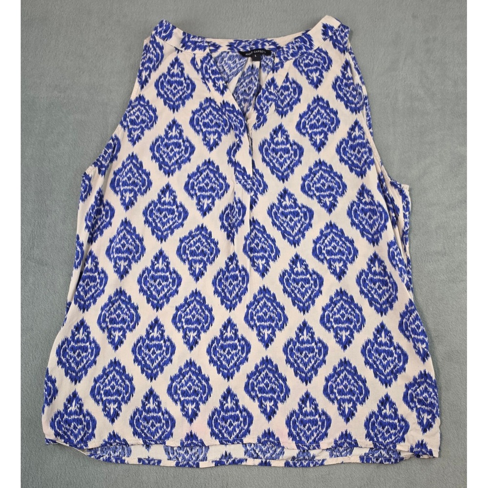 Boho Ikat‎ Sleeveless Blue White Rayon Tank Top Womens Large Anne Carson